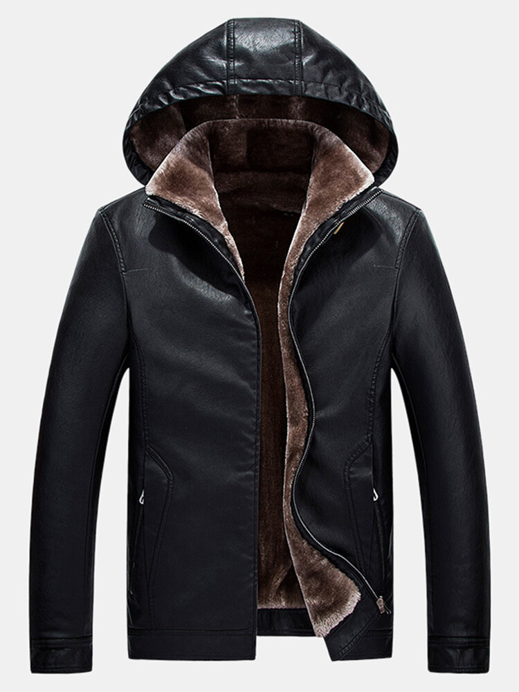 Mens PU Leather Thickened Fleece Lined Long Sleeve Hooded Zipper Jackets Coats