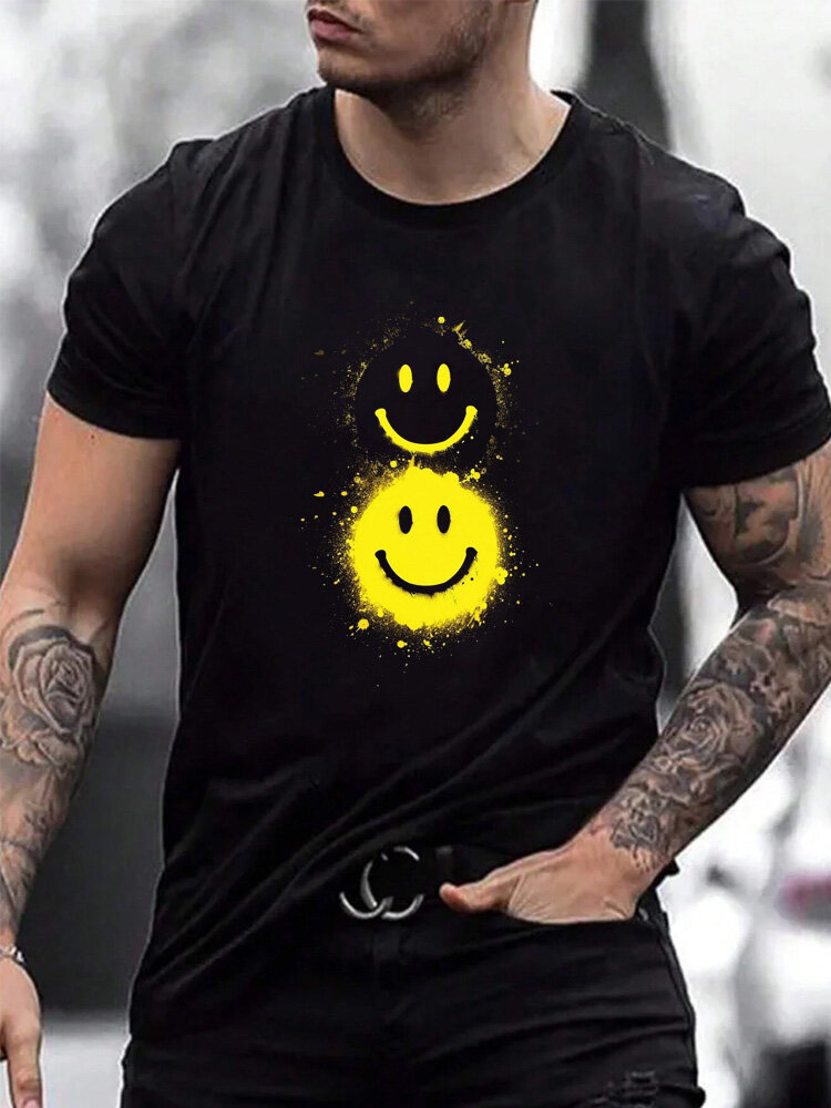 Camisetas de manga corta para hombre Splash Ink Smile Print Crew Cuello Invierno