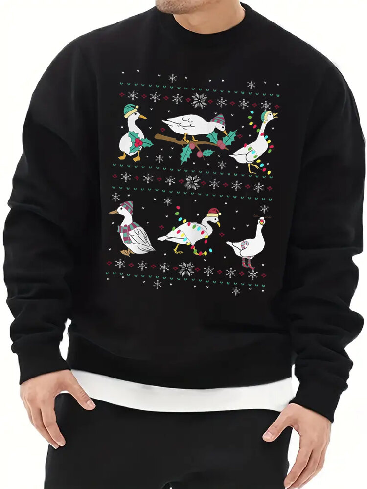 Mens Christmas Snowflake Duck Print Crew Neck Pullover Sweatshirts Winter
