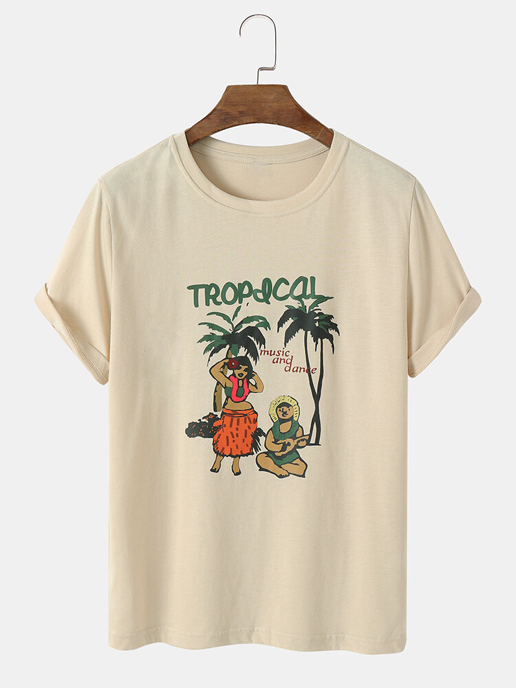 Mens Tropical Figure Print Crew Neck Cotton Short Sleeve T-Shirts