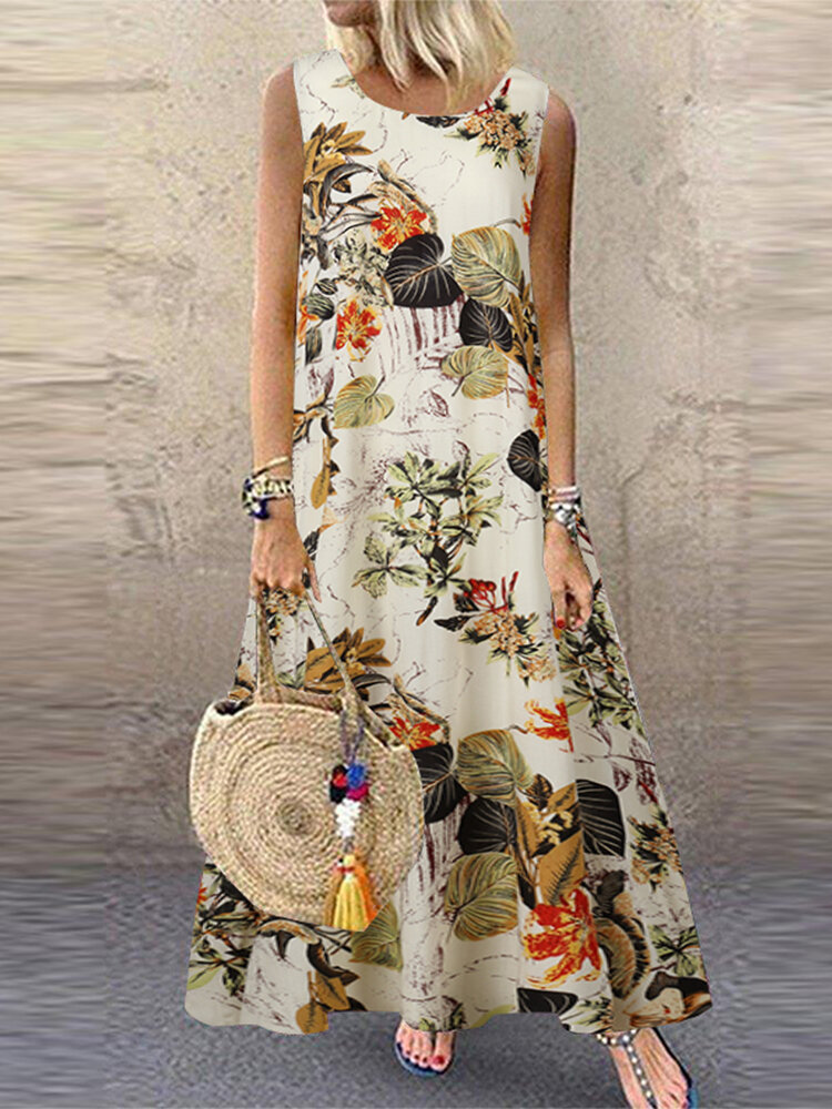 Floral Print Sleeveless Plus Size Vintage Dress