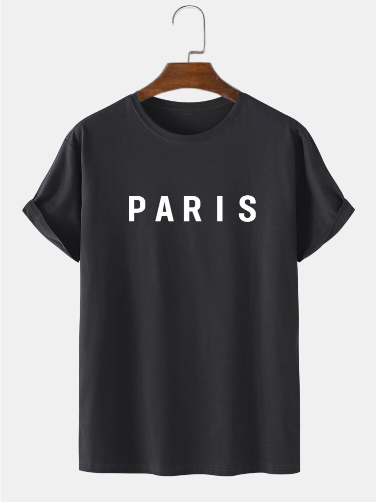 

Mens Paris Letter Print 100% Cotton Short Sleeve T-Shirts, Black;white;dark brown;gray;apricot