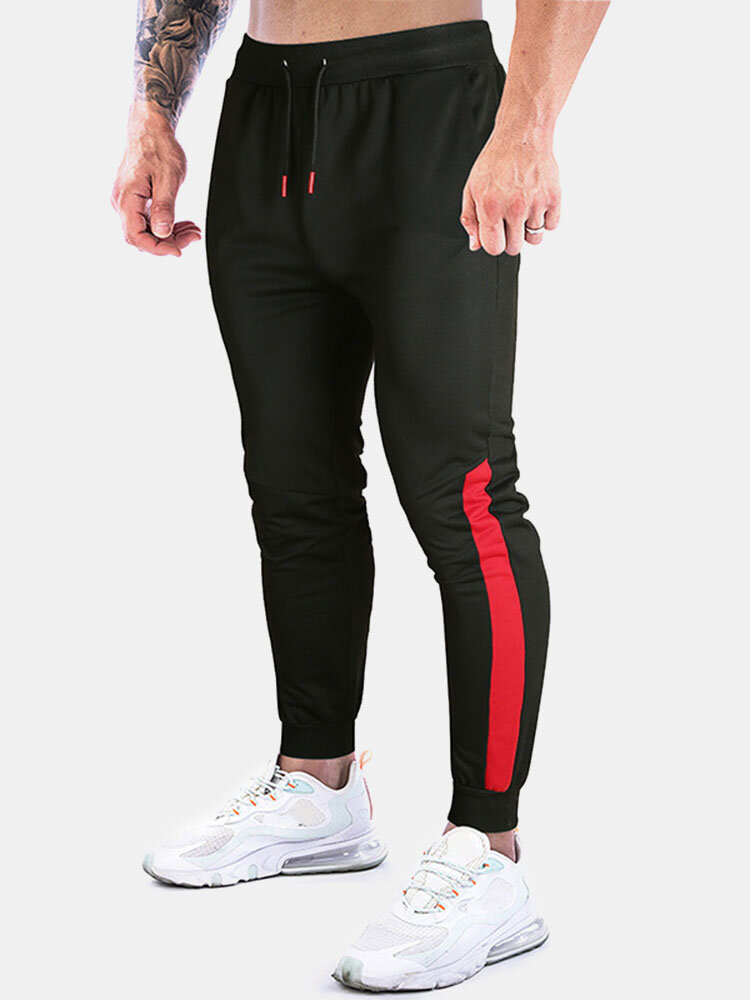 Mens Contrast Side Stripe Stitching Sports Drawstring Joggers Pants