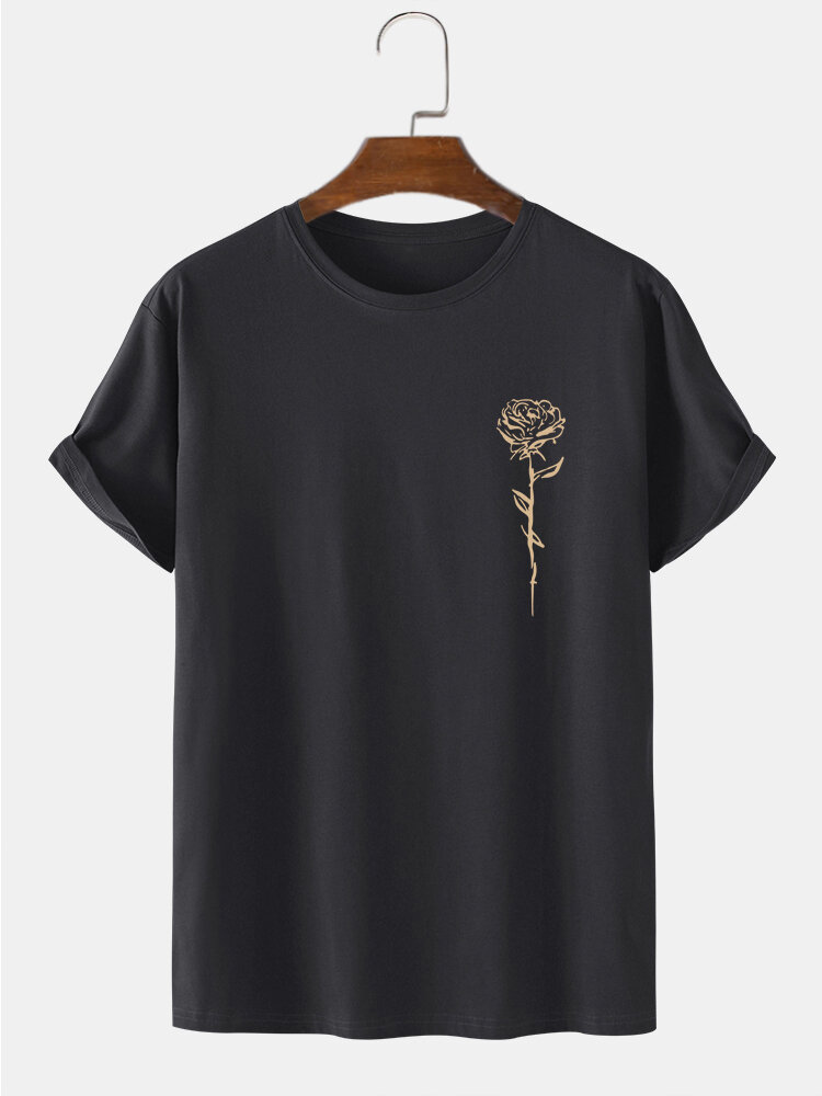 Mens Rose Print Crew Neck 100% Cotton Casual Short Sleeve T-Shirts