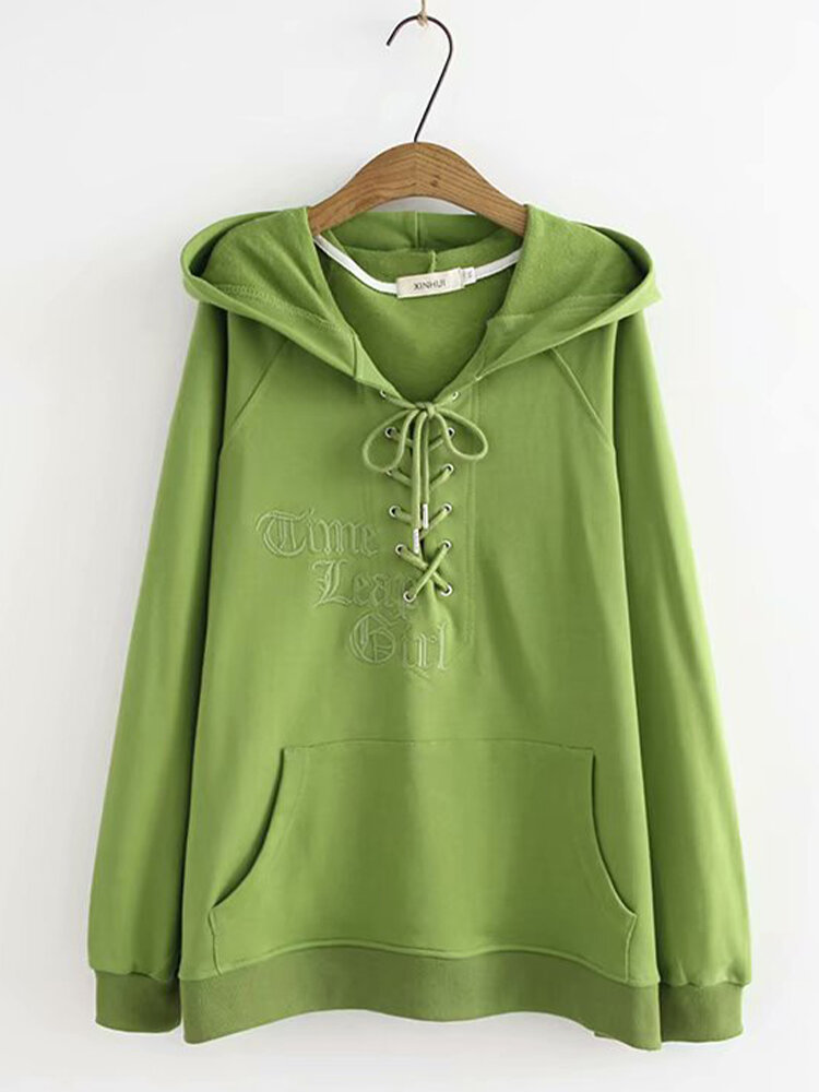 Letters Embroidery Hooded Lace Up Drawstring Casual Hoodie