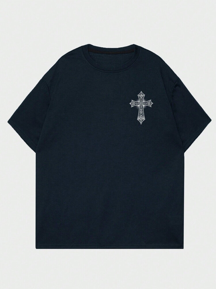 Mens Cross Print Crew Neck Casual Short Sleeve T-Shirts