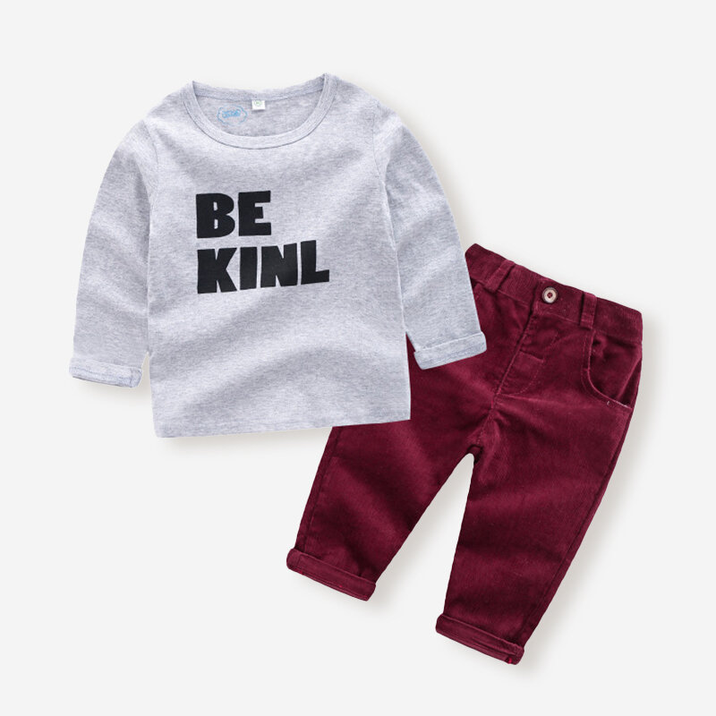 

Boy's Letter Print Long Sleeves Tops+Corduroy Pants Set For 1-7Y, Red