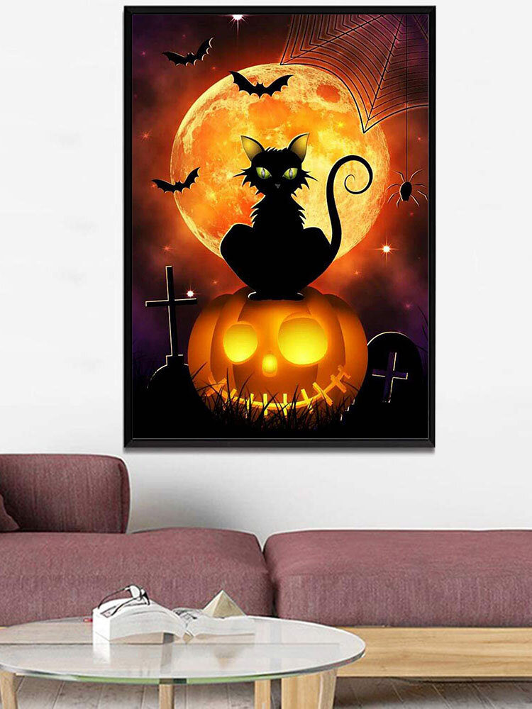 1 PC Unframed Pumpkin Black Cat Pattern Halloween Series Canvas Painting Wall Art Home Decor Wall Pictures