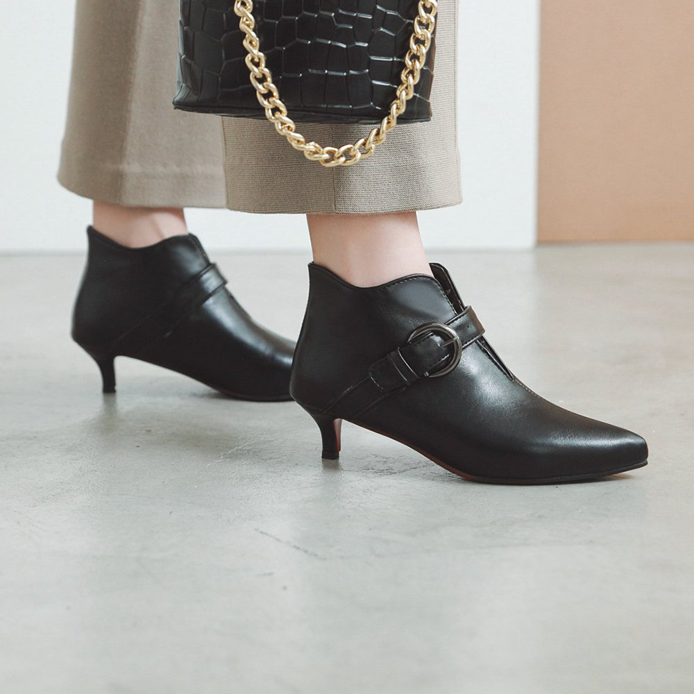 Pointed Toe Low Heel Buckle Ankle Boots