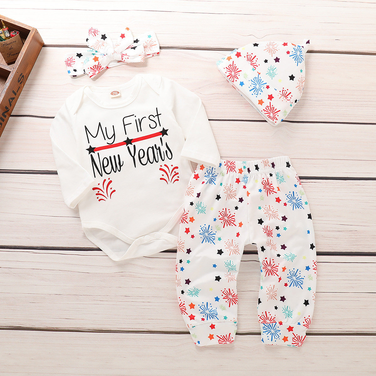 

4Pcs New Year Print Baby Romper Clothing Set For 0-24M, Off white