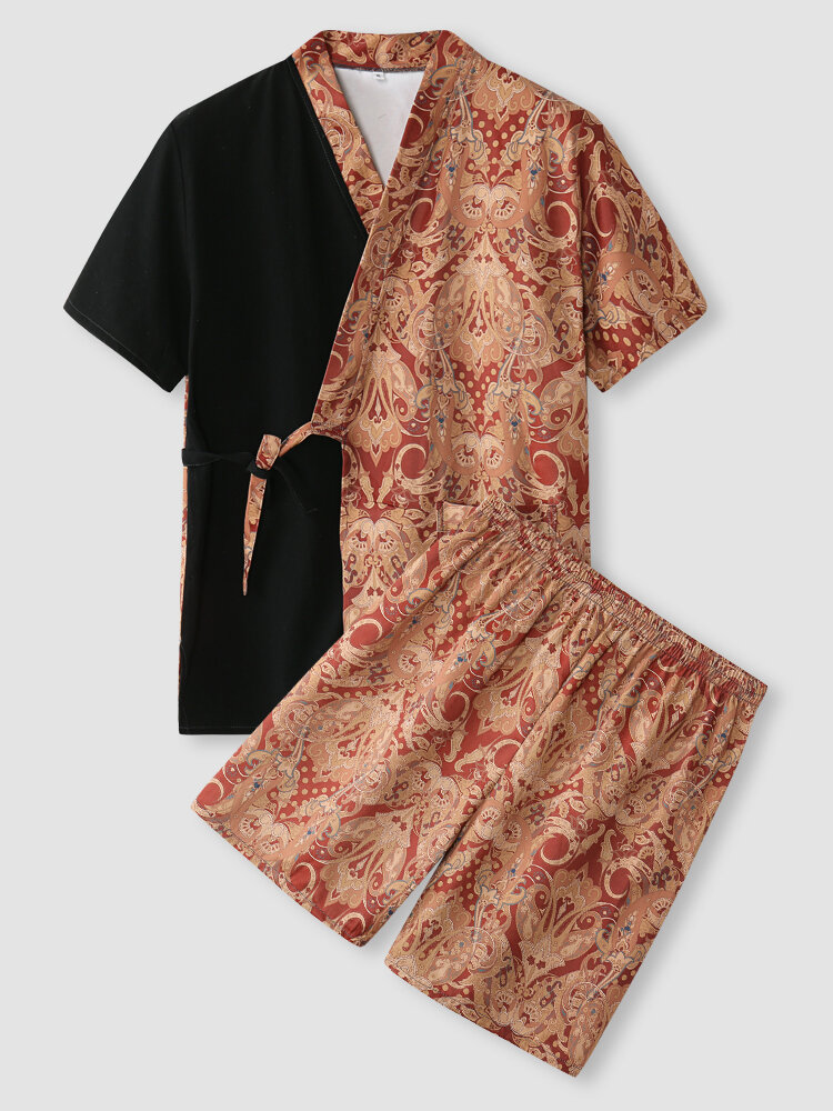 Men Kimono Baroque Print Patchwork Short Sleeve Sauna Sweating Sets