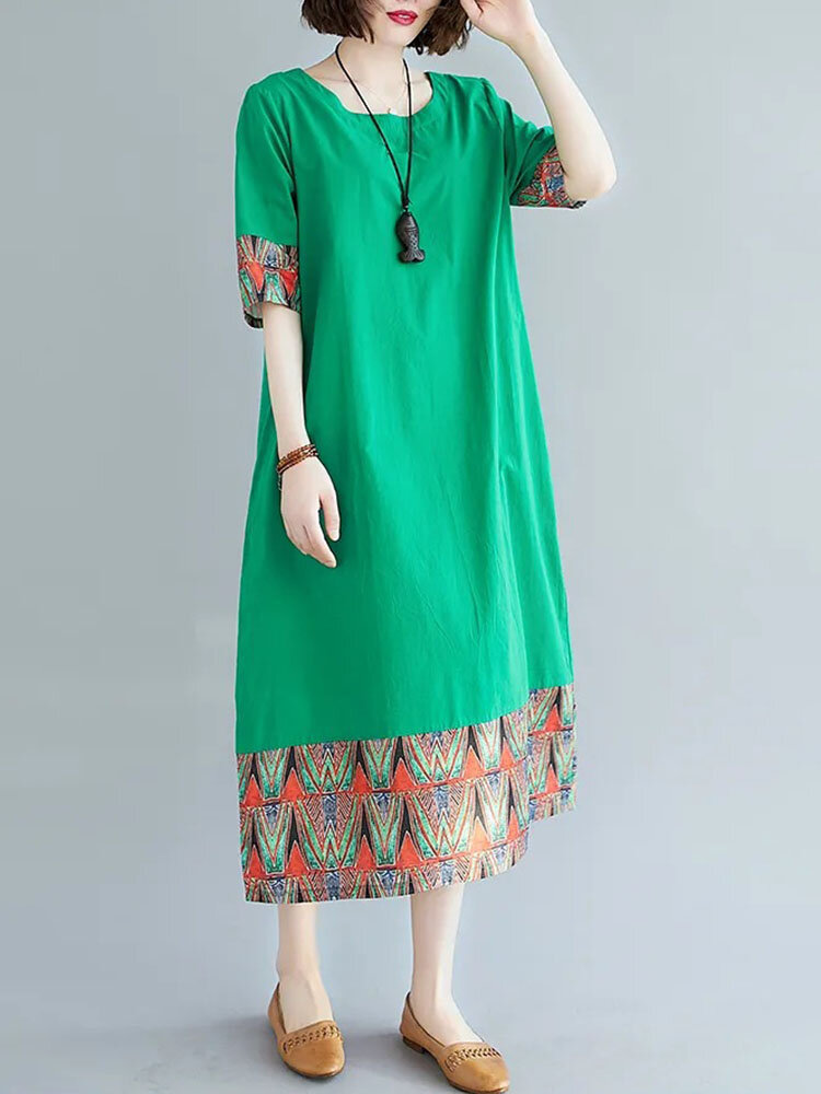 Ethnic Color Contrast Print Plus Size Dress with Pocket
