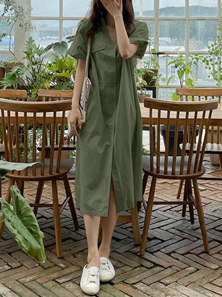 Women Solid V-Neck Button Front Cargo Style Shirt Dress