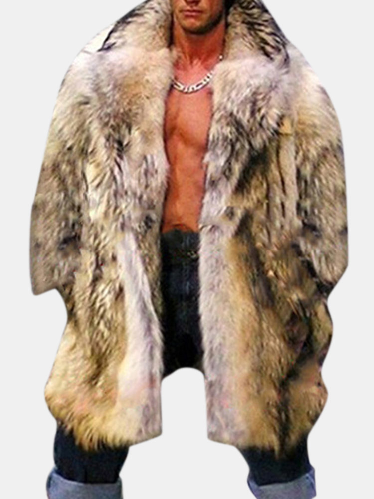 Mens Faux Raccoon Fur Trench Coat Mid Long Thickened Warm Fur Suit Collar Casual Coat