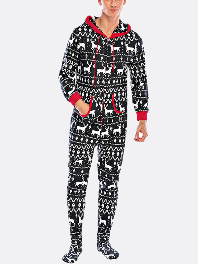 Mens Christmas Onesies Pajamas Snowflake Elk Printing Home Hooded Loungewear Footed Jumpsuit