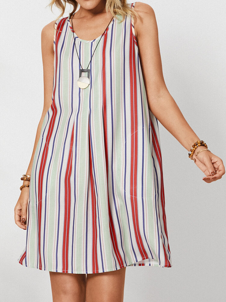 Striped Print O-Neck Sleeveless Casual Mini Dress With Pocket