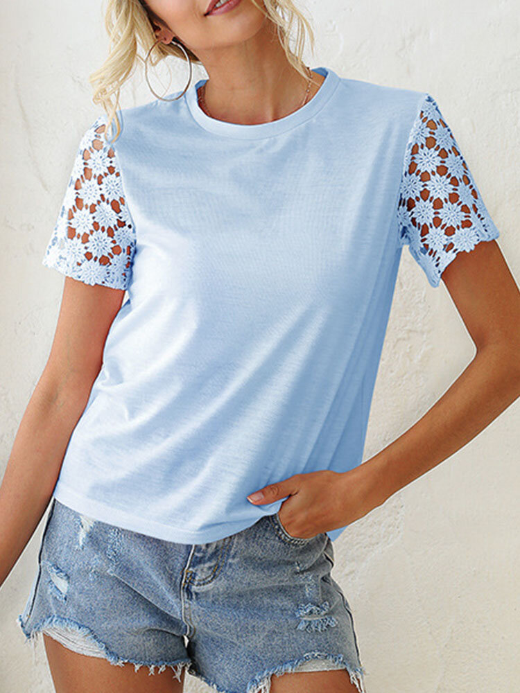 Solid Color Crochet Hollow Short Sleeve O-neck Women T-shirt
