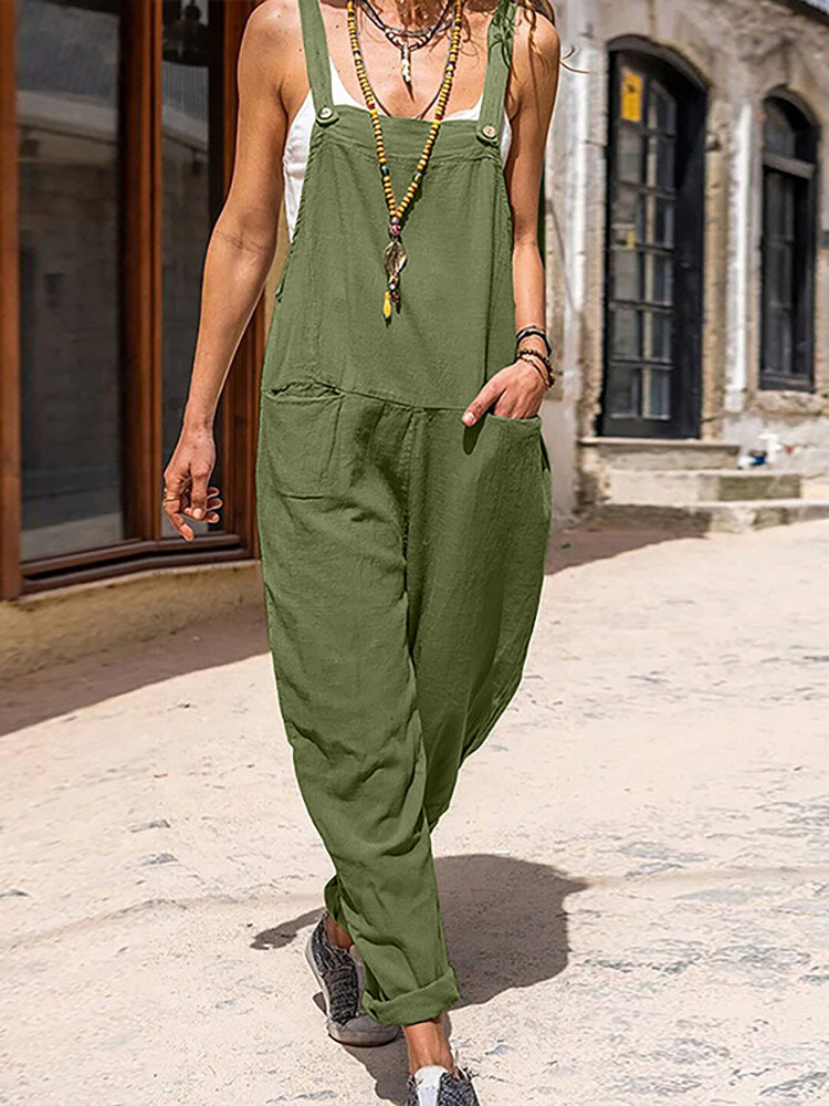Solid Open Back Pocket Sleeveless Square Collar Jumpsuit