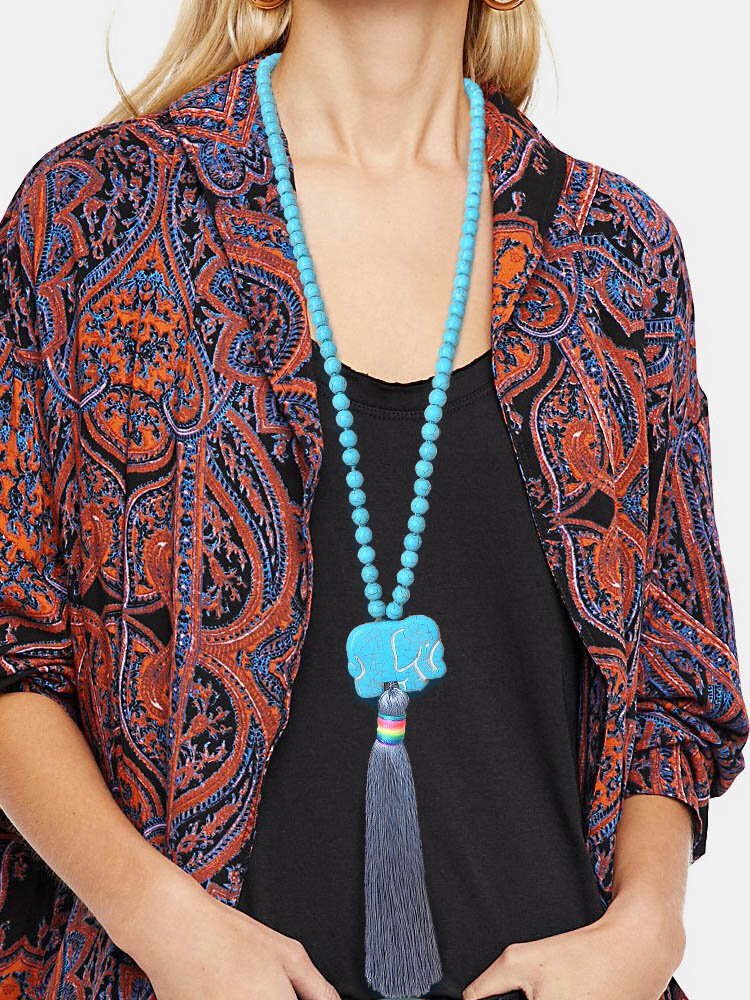 Bohemian Long Tassel Necklace Turquoise Elephant Beaded Pendant Necklace Women Sweater Chain Jewelry