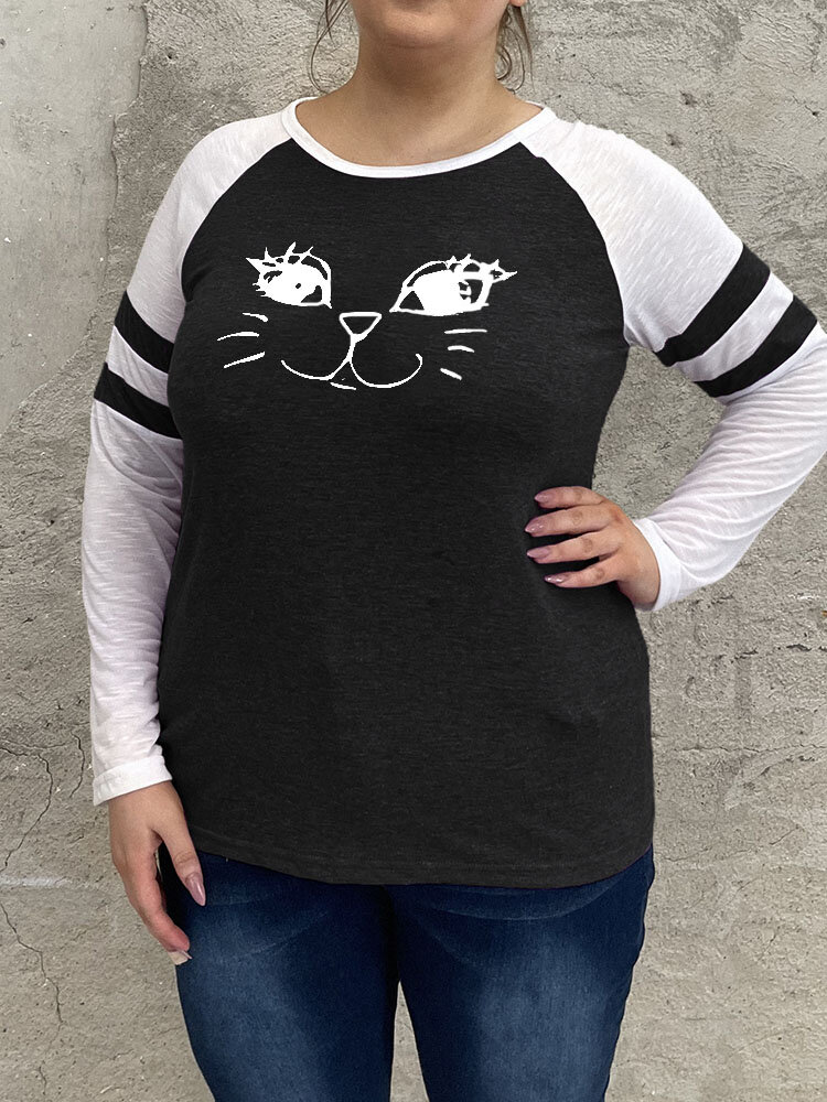 Plus Size Cat Print Striped Contrast Color O-neck Casual T-shirt