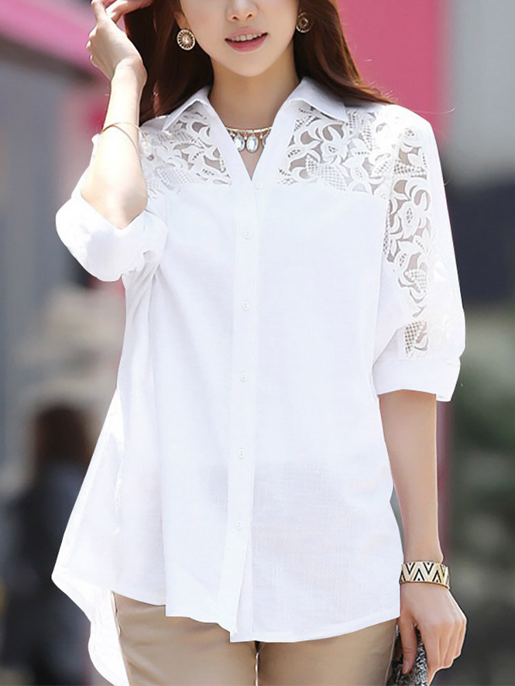 Lace Panel Solid Button Front Lapel Half Sleeve Shirt