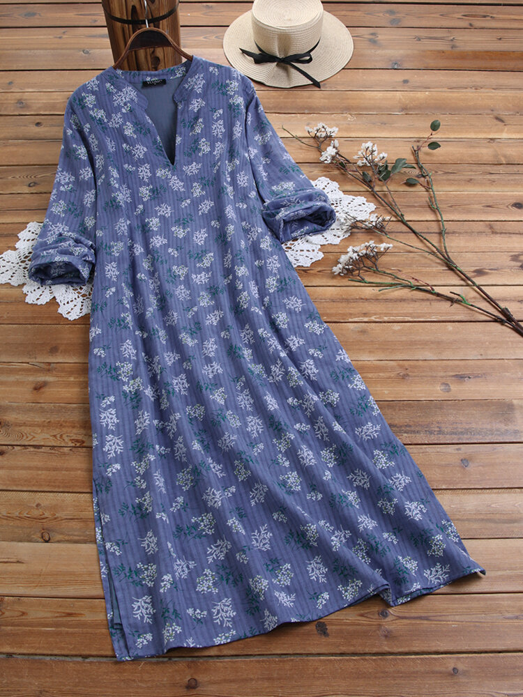 Casual Floral Printed Split Long Sleeve Pocket V-neck Midi Dress