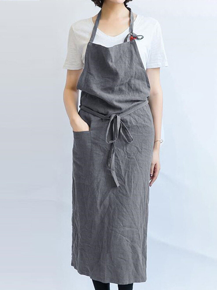 Solid Color Anti-fouling Linen Apron Front Waist Tie Cafe Shop Kitchen Home Cooking Vest Apron