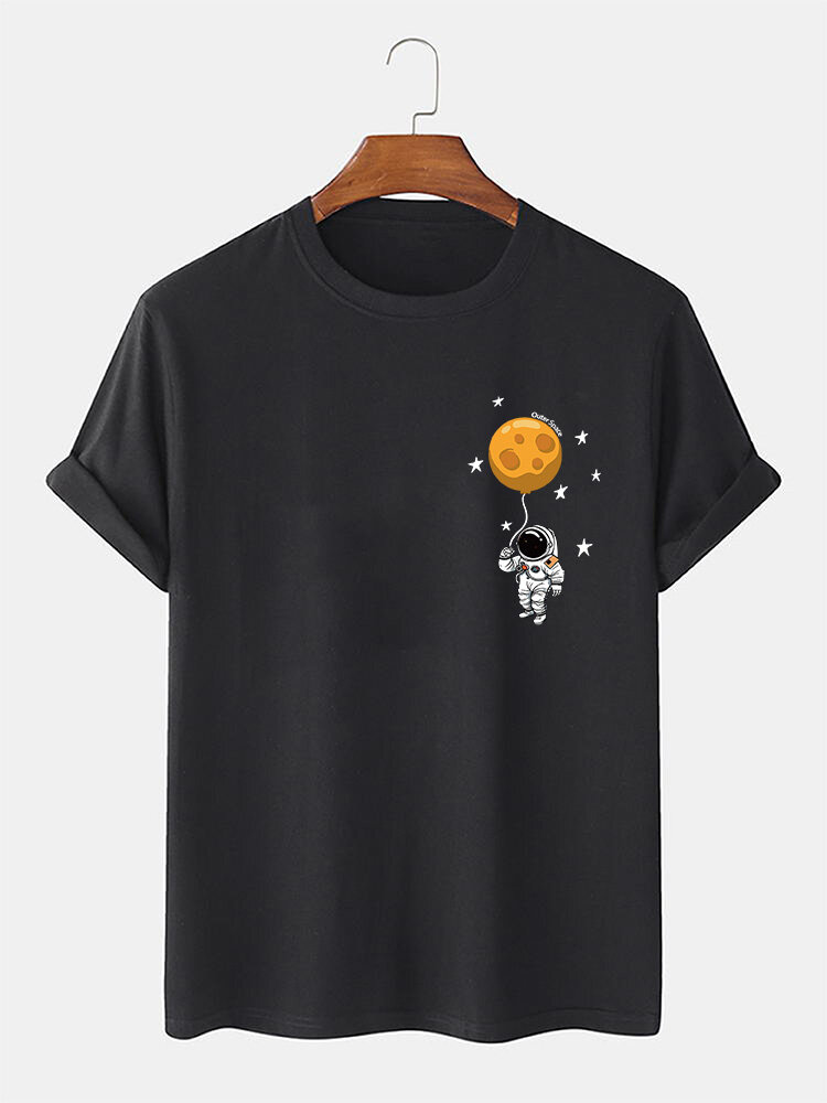 

Mens Cartoon Astronaut Print Crew Neck Casual Short Sleeve T-Shirts, Black