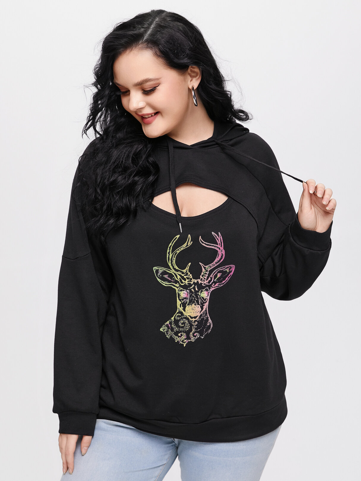 Plus Size Animal Graphic Drawstring Cut Out Hoodie