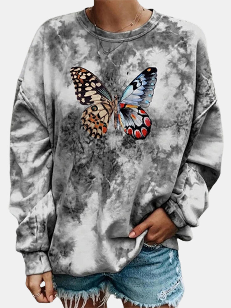 Butterfly Print Tie-dye O-neck Vintage Plus Size Sweatshirt