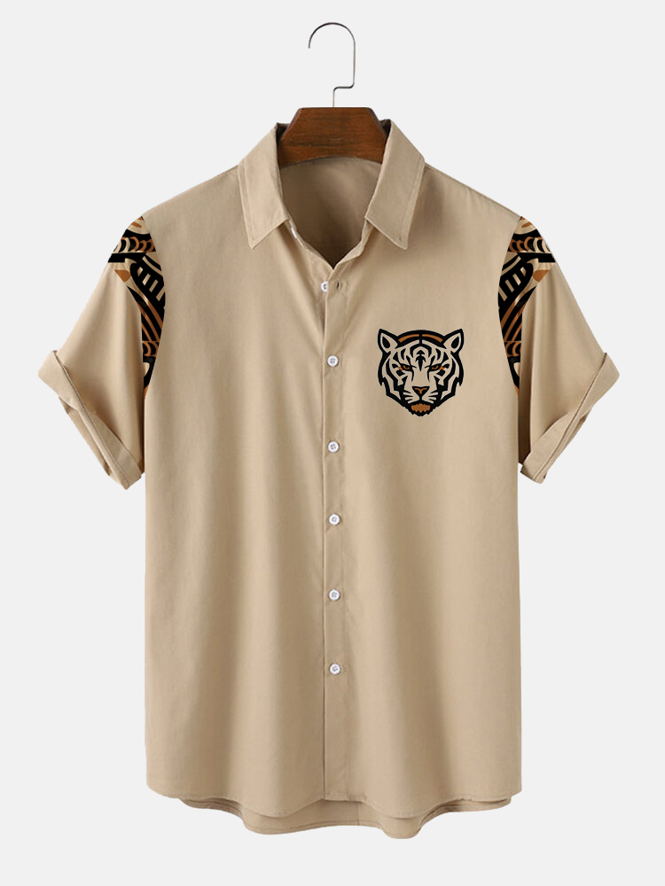 

Mens Ethnic Tiger Head Print Patchwork Short Sleeve Shirts, Khaki