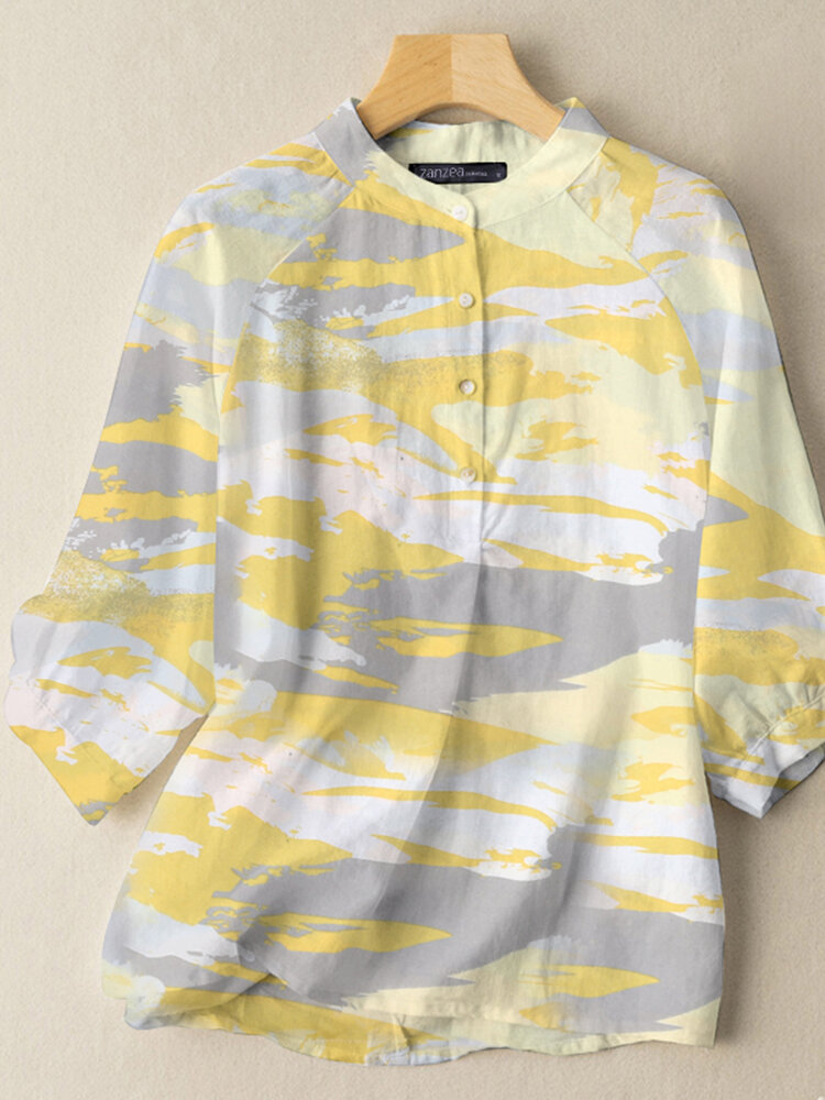 

Tie Dye Stand Collar 3/4 Sleeve Button Blouse, Pink;yellow;blue