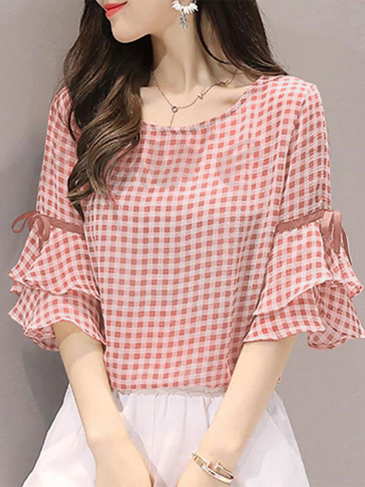 Plaid Knotted Patchwork Ruffle Sleeve Round Neck Blouse
