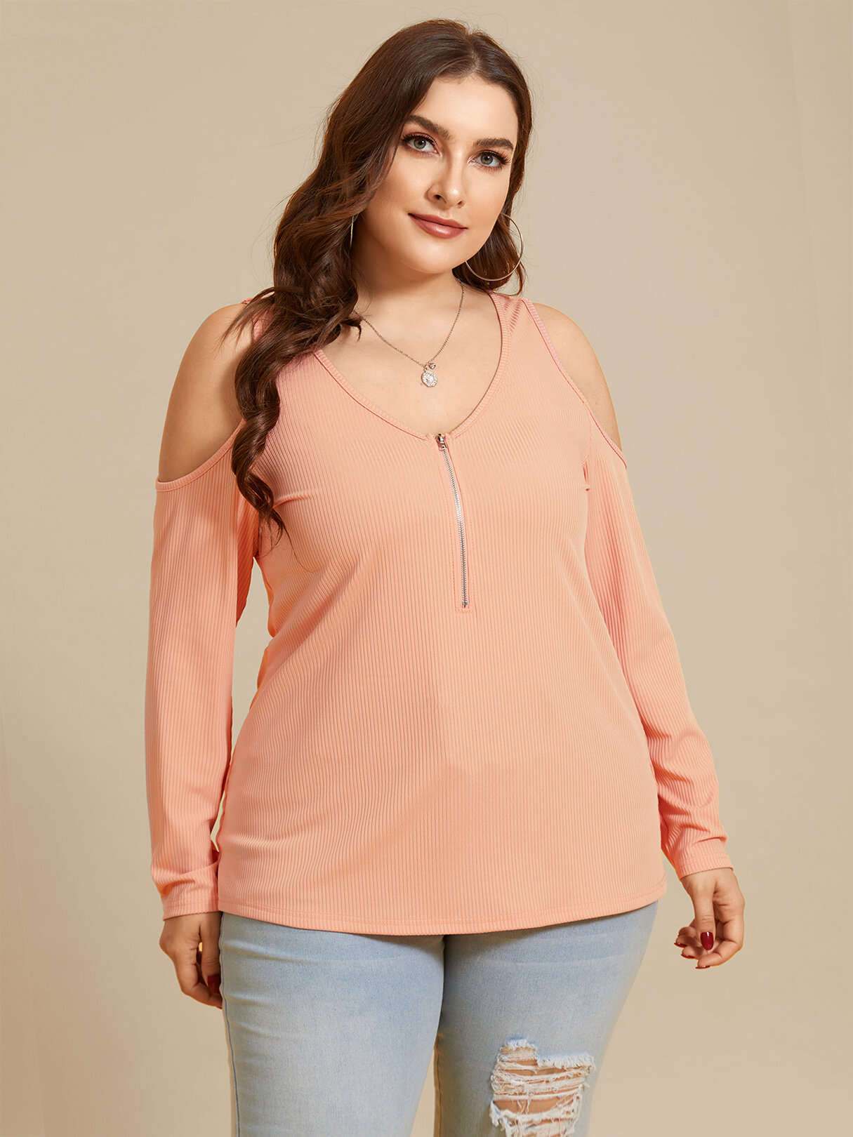 Plus Size Cold Shoulder Zip Front Long Sleeves Tee