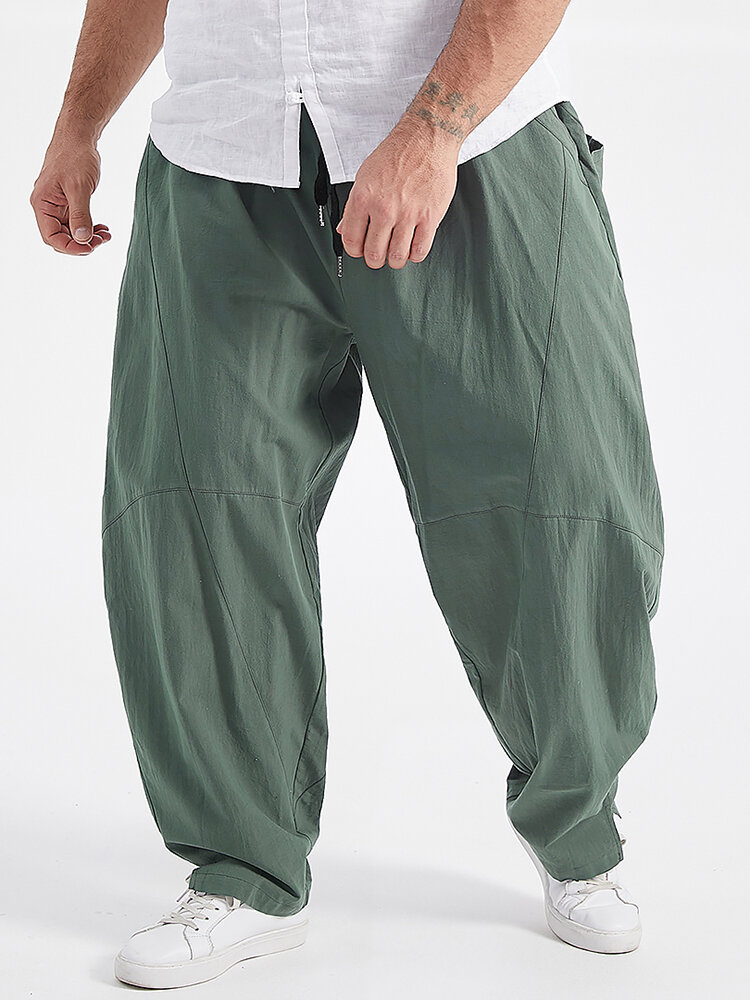 Plus Size Mens 100% Cotton Casual Solid Color Drawstring Waist Harem Pants