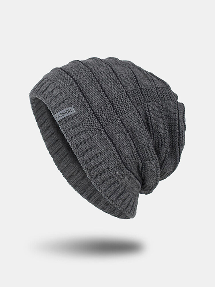 Men Knitted Acrylic Plus Velvet Solid Staircase Pattern Letter Label Warmth Casual Beanie Hat