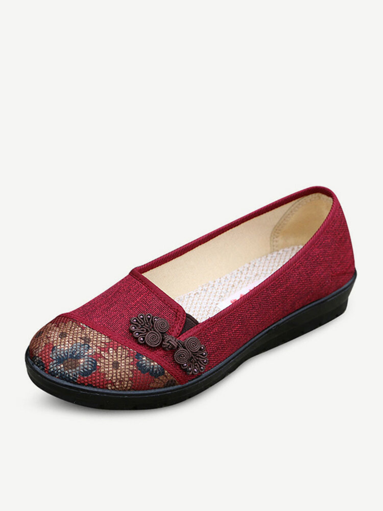

Floral Chinese Knot National Style Vintage Cotton Slip On Flat Shoes, Red;coffee