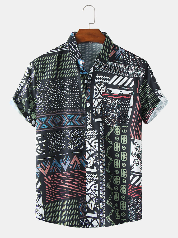 Mens Tribal Pattern Lapel Short Sleeve Shirt With Pocket