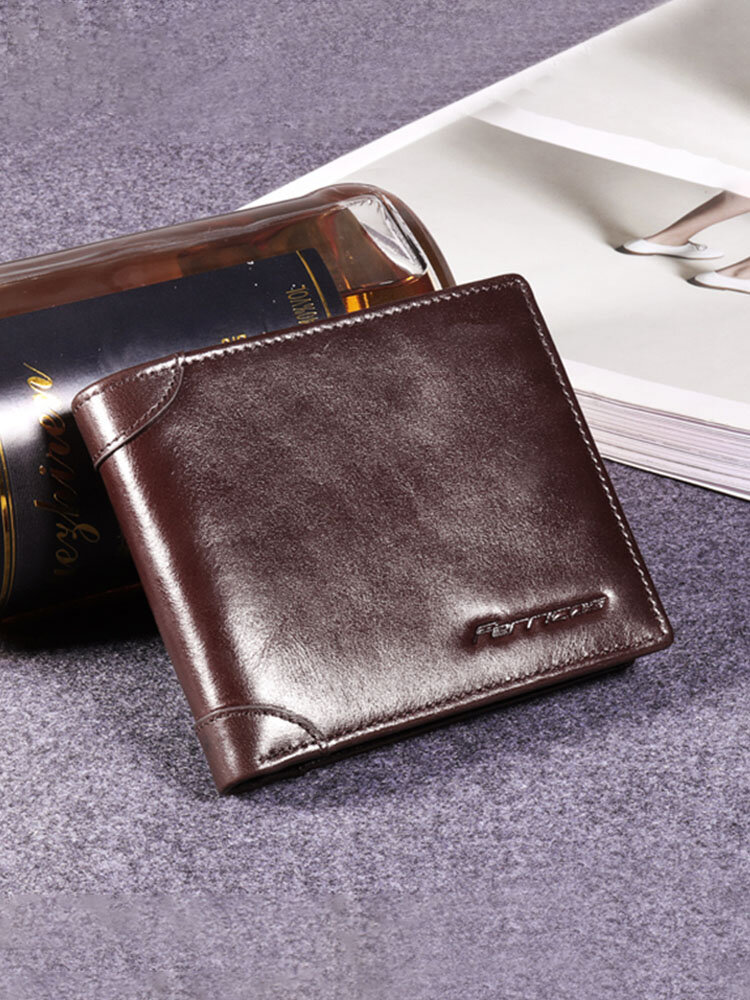 RFID Antimagnetic Genuine Leather Vintage Tri-fold Driver License Short Wallet For Men