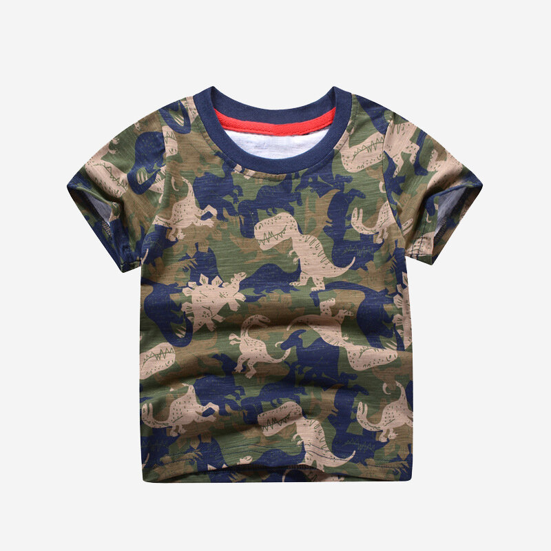 

Boy's Camouflage Dinosaur Print Summer Short Sleeve Casual T-shirt For 2-10Y, Camo