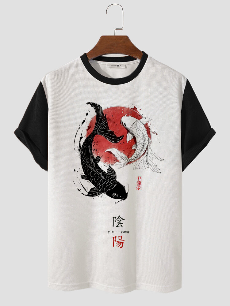 

Mens Chinese Yinyang Carp Print Patchwork Knit Short Sleeve T-Shirts Winter, White