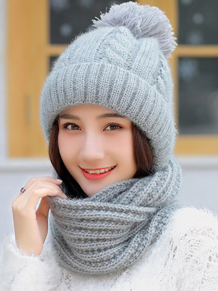 Women Winter Warm Wool Knit Beanie Hat With Bib Outdoor Windproof Casual Soft Hat