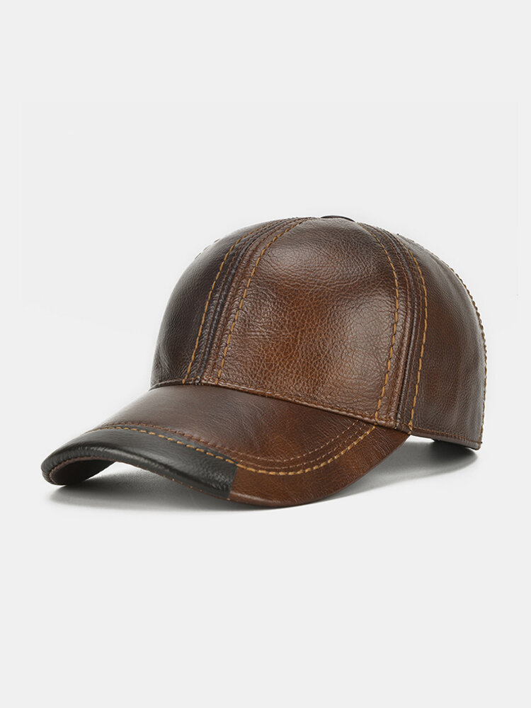 Mens Cowhide Leather Baseball Cap Casual Cosy High Quality Sunshade Leather Cap Adjustable 