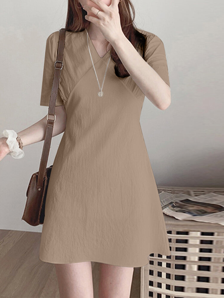 VONDA Solid Short Sleeve Invisible Zip V-neck A-line Dress