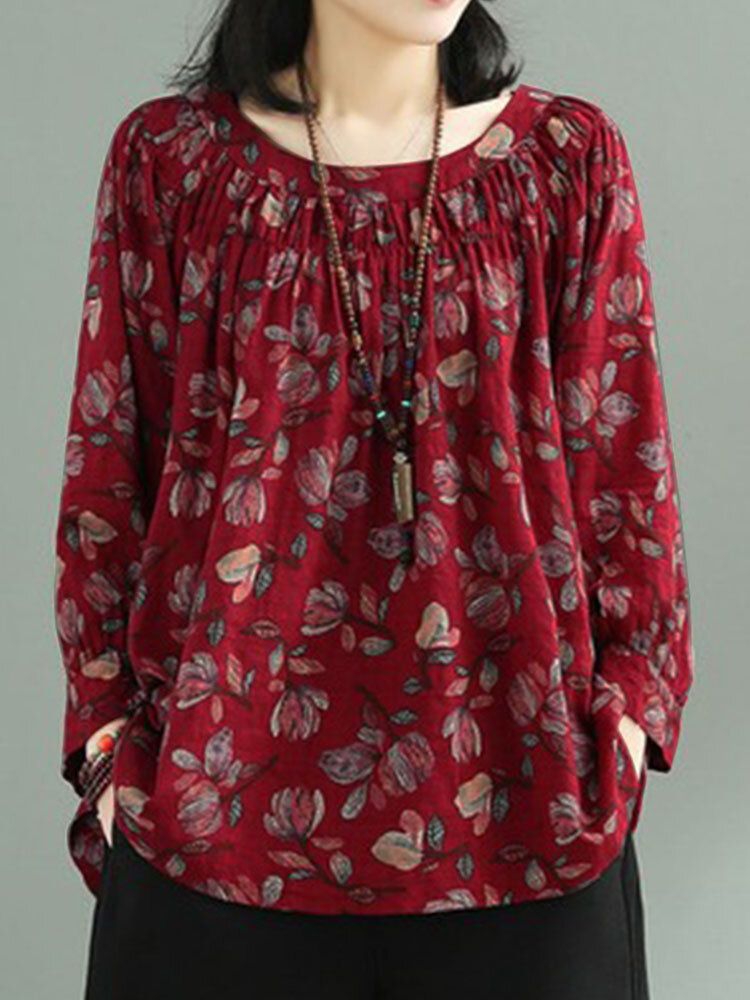 Blusa manga longa com estampa floral gola redonda