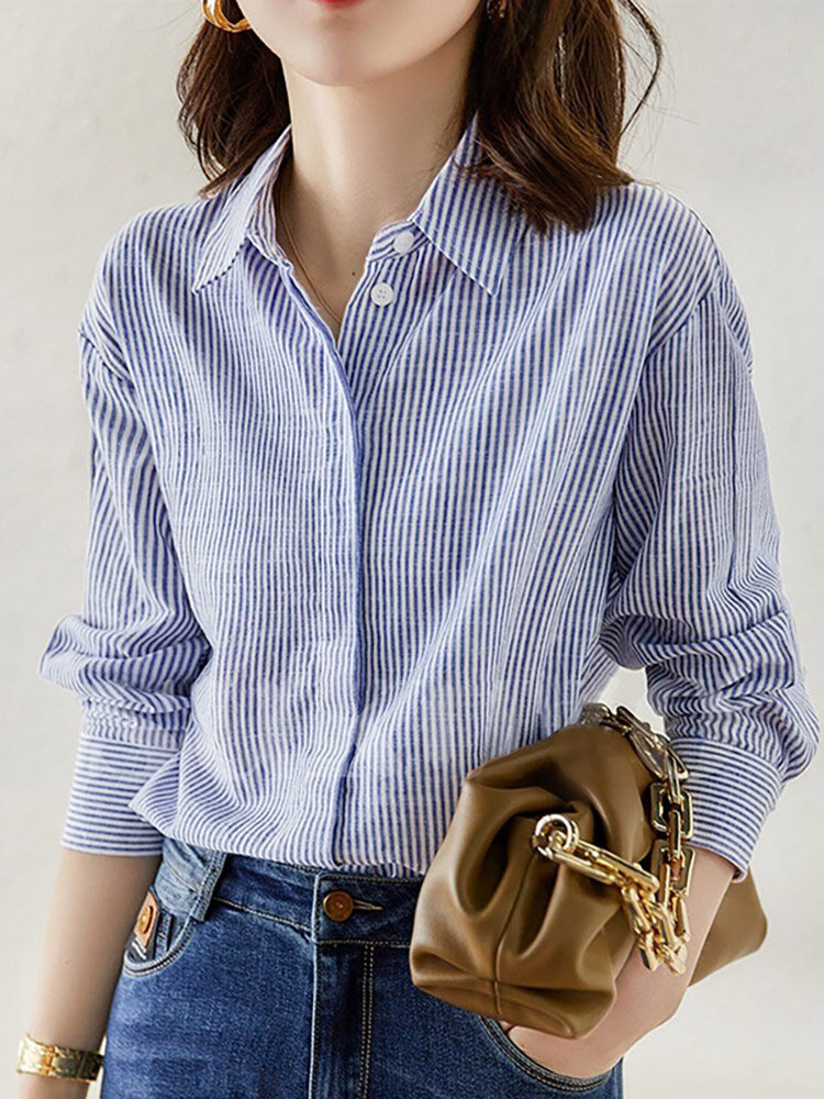 Women Stripe Print Lapel Button Long Sleeve Shirt