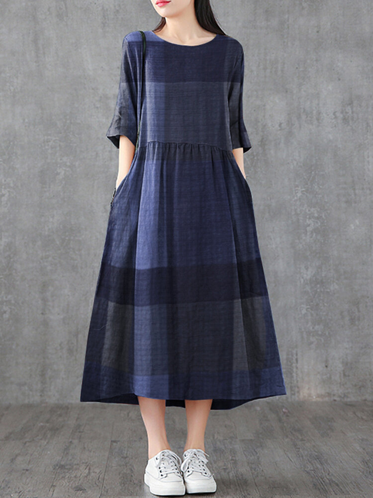 Plaid Pocket O-neck Half Sleeve Loose Print Dress For Women