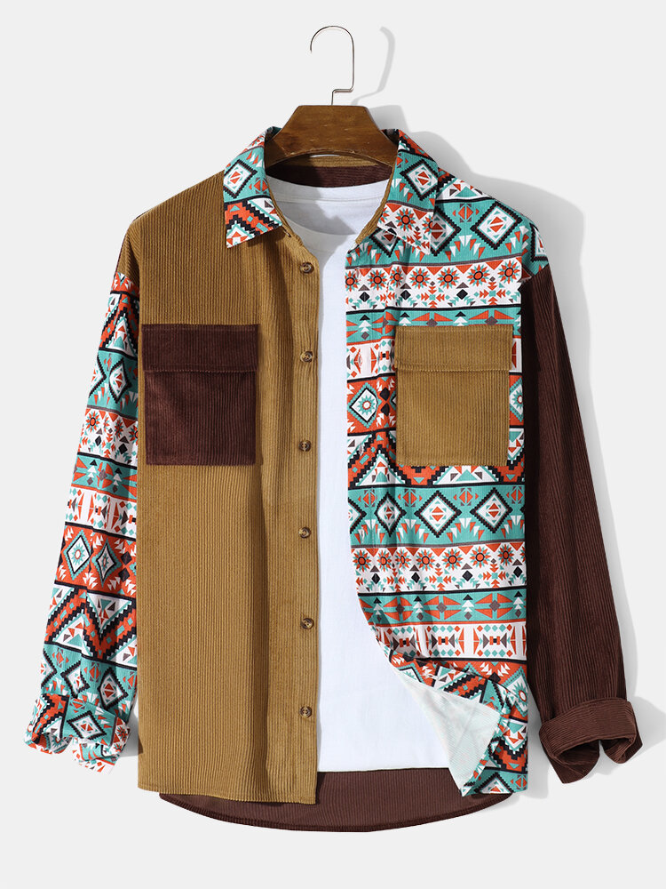 

Mens Ethnic Geometric Print Patchwork Flap Pocket Corduroy Shirt Jacket, Brown