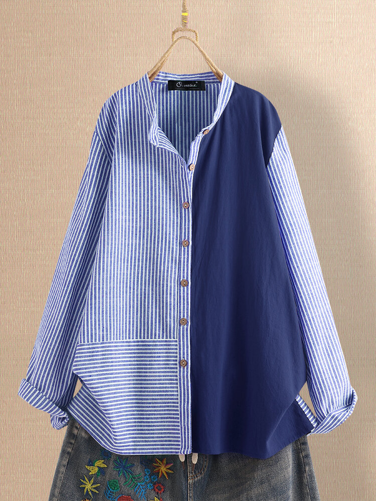 Striped Patchwork Stand Collar Button Plus Size Shirt