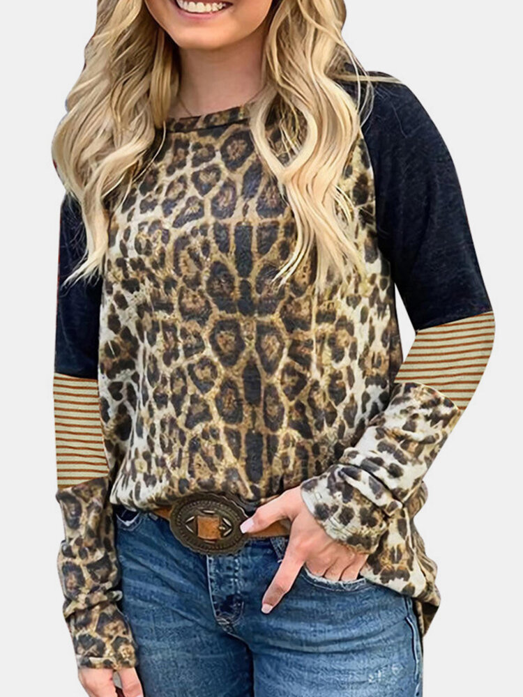 Leopard Patchwork Long Sleeve Casual T-Shirt For Women